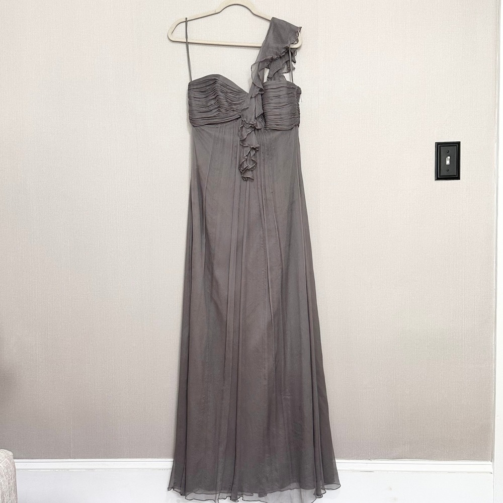Amsale‎ Gray Silk One Shoulder Ruffle Pleated Homecoming Gown Dress Womens 12